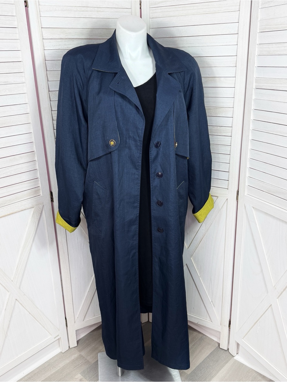 Vintage 90s Gantos Long Trench Rain Coat Navy Blue Yellow Size 14 Oversized